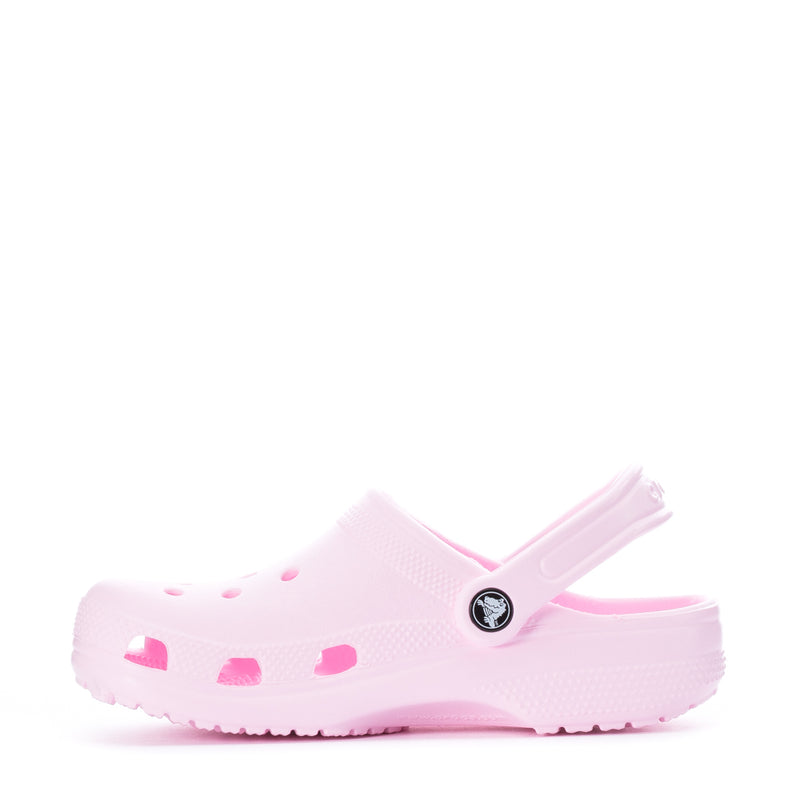 Women's pink clog with perforated holes and pink accent prints, side view