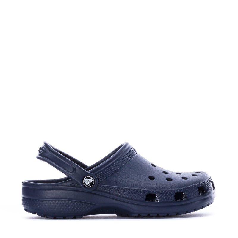 Youth navy clog with perforated upper and heel strap, slip-on