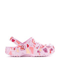 Youth pink clog with heart and doodle pattern, side ventilation holes