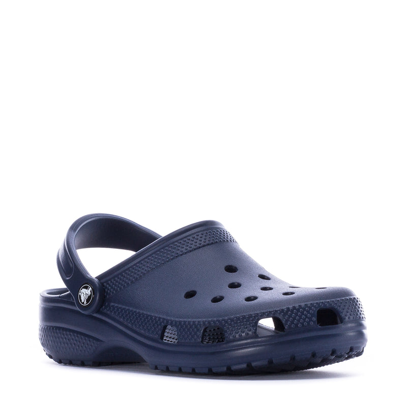 Youth navy clog with heel strap and side ventilation holes