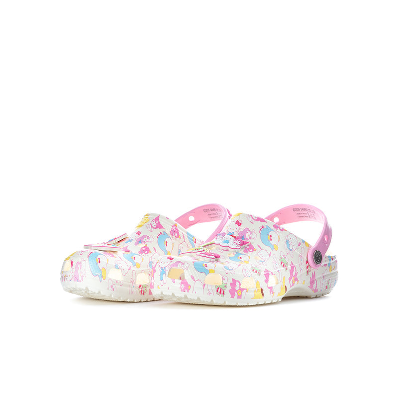 Youth classic clog front view with colorful Hello Kitty & friends pattern and pink strap