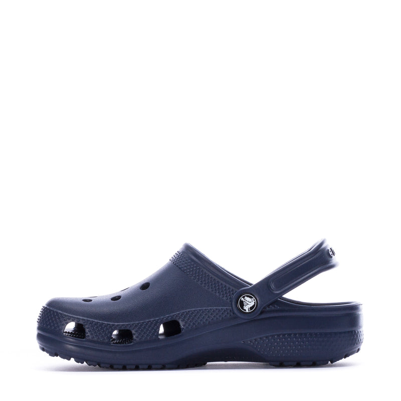 Youth navy slip-on clog with perforated toe and extended heel strap