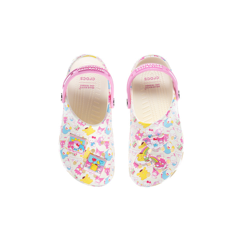 Youth classic clog pair with open heel holes and multicolor Hello Kitty print, pink trim