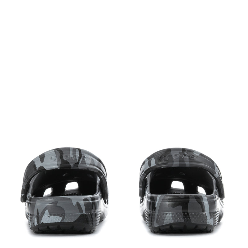 Youth camo clogs, rear view with adjustable heel strap