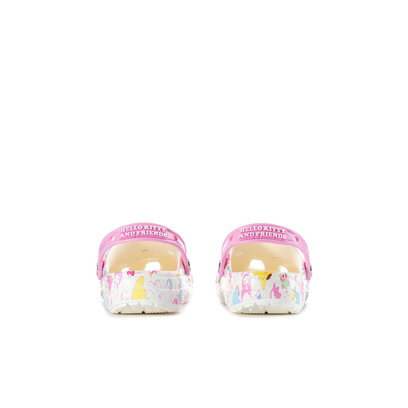 Youth classic clog back view with “Hello Kitty and Friends” text on pink heel