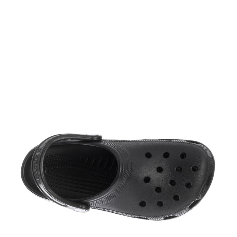 Youth black clog, open top with perforated side and textured insole ridges.
