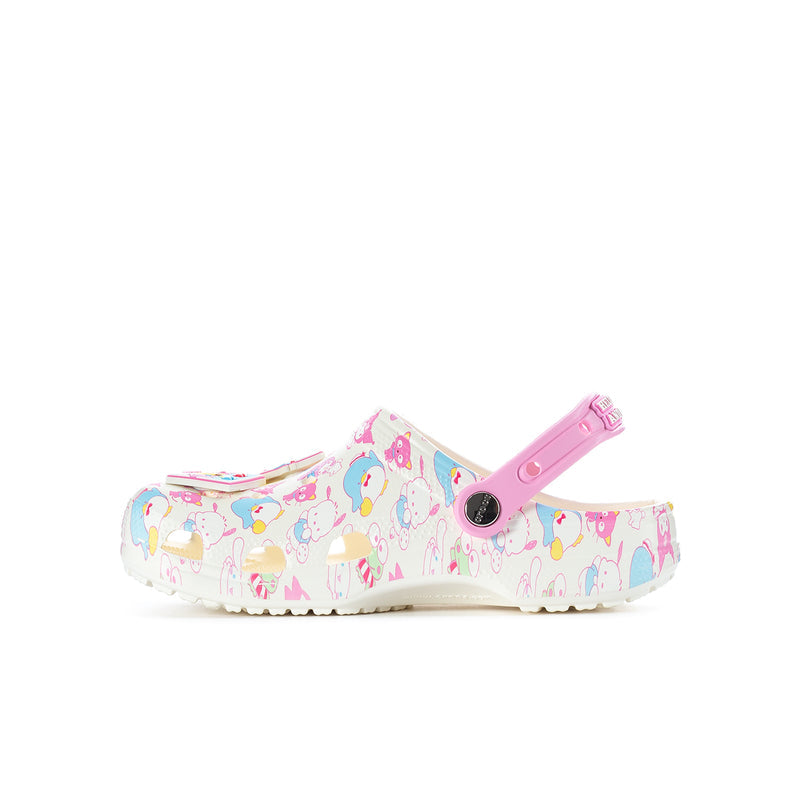 Youth classic clog side view in multicolor Hello Kitty print with pink instep strap