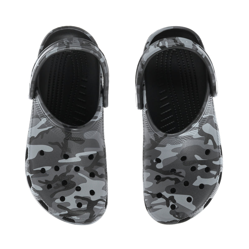 Youth camo clogs showing open heel and molded footbed
