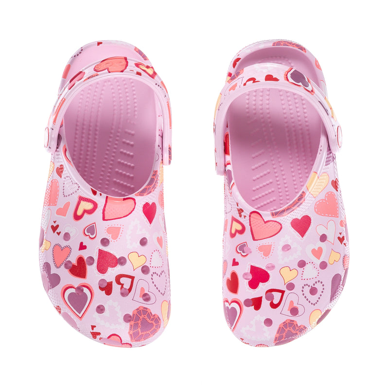 Youth pink heart-pattern clog with textured pink interior sole