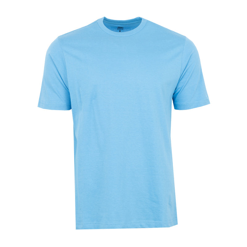 Men's crew neck T-shirt, light blue, short sleeves, straight hem.