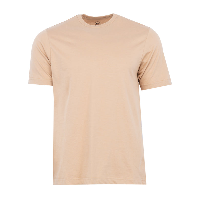 Men's hemp tan crew neck T-shirt close-up, ribbed neckline and short sleeves