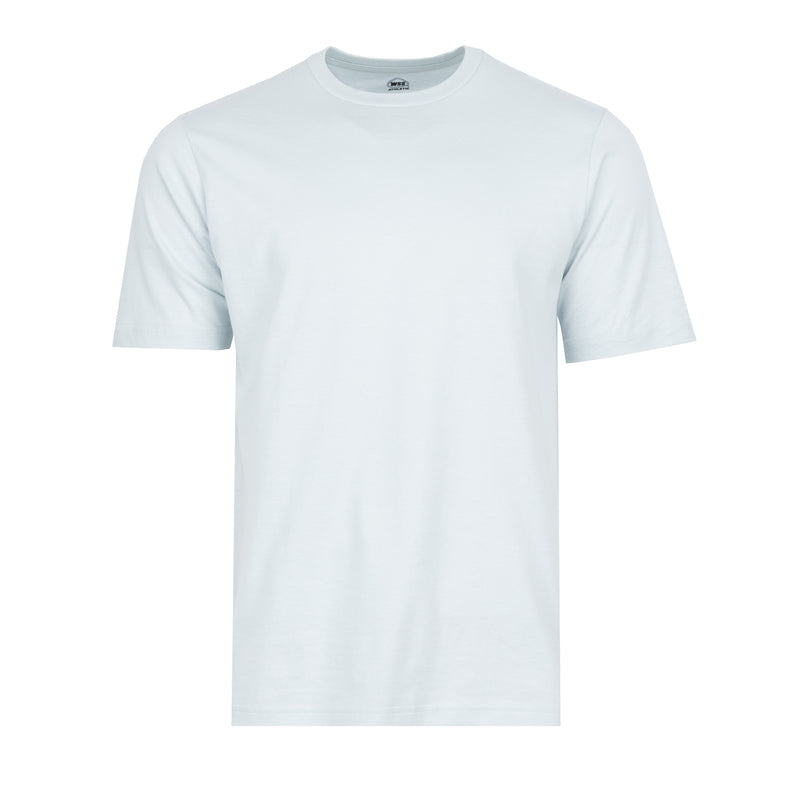 Men's crew neck T-shirt in light blue, short sleeves, crew collar.