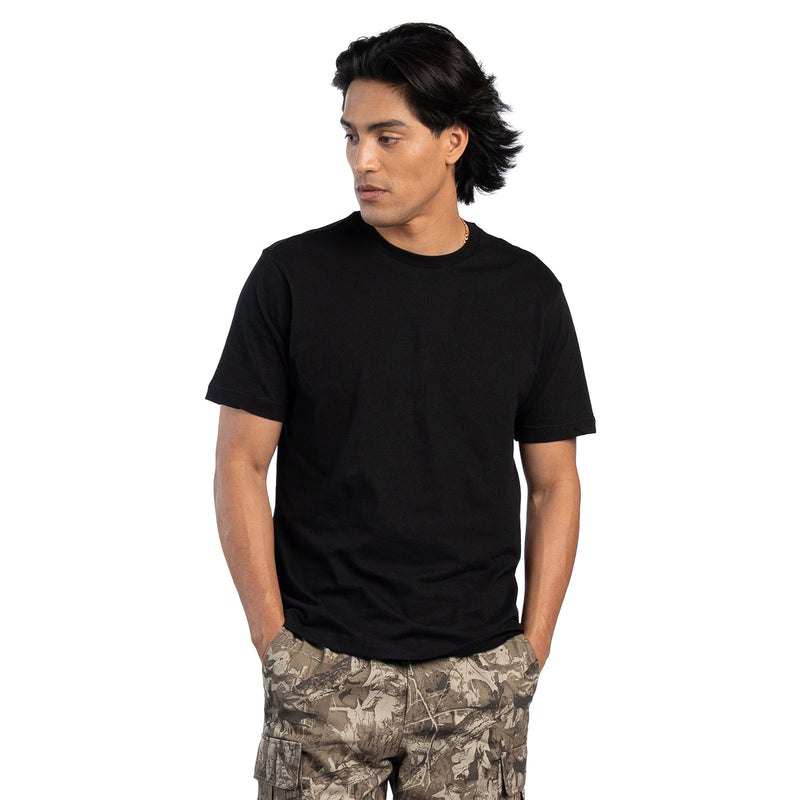 Men's black crew-neck short-sleeve T-shirt with a relaxed fit