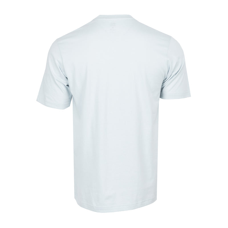 Back of men's crew neck T-shirt in light blue, short sleeves.