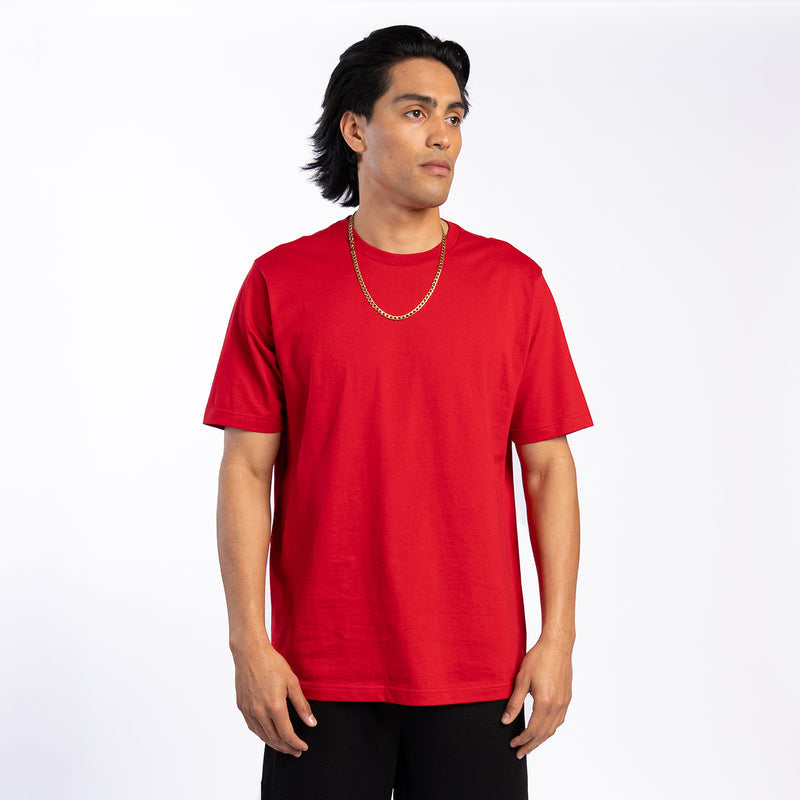 Red crew neck T-shirt with short sleeves on model