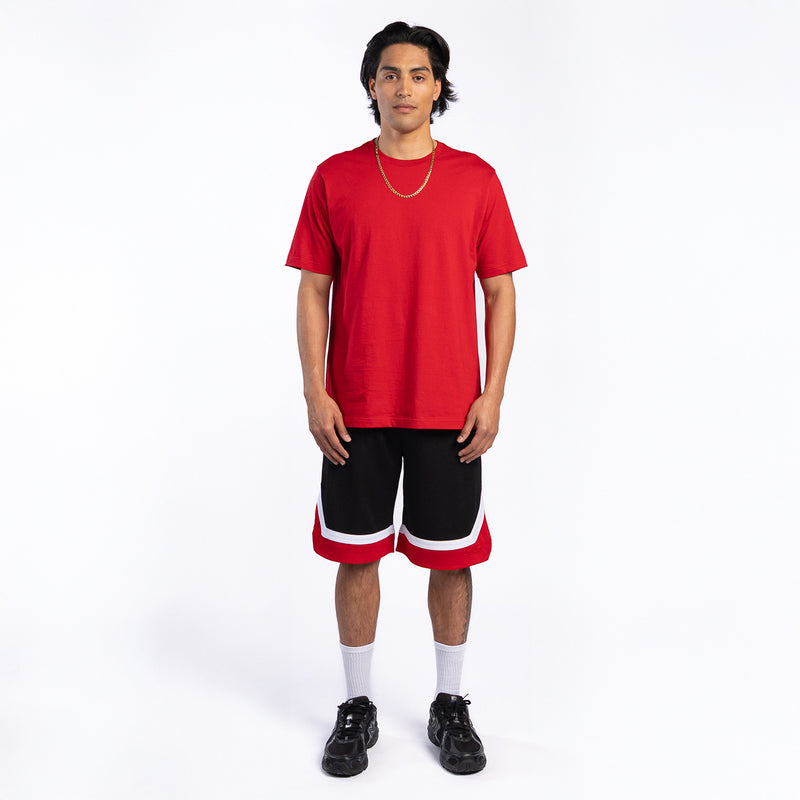 Red crew neck T-shirt worn by model, short sleeves and straight hem