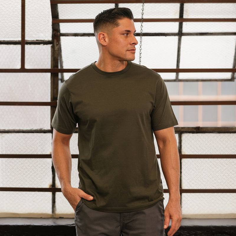 Olive crew-neck T-shirt, short sleeves, side view on model