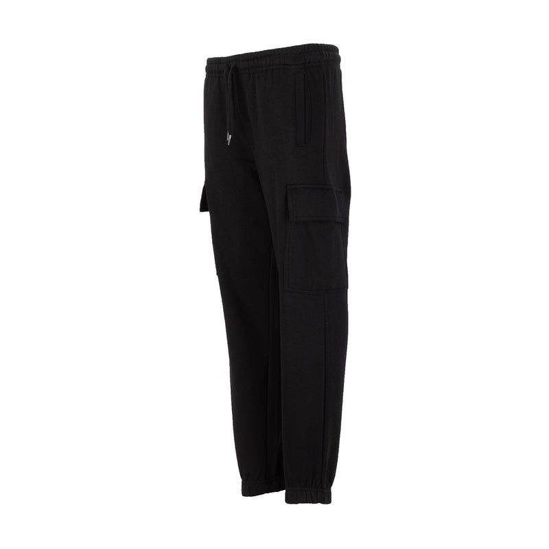 Youth black fleece cargo pants with side cargo pocket and drawstring waist