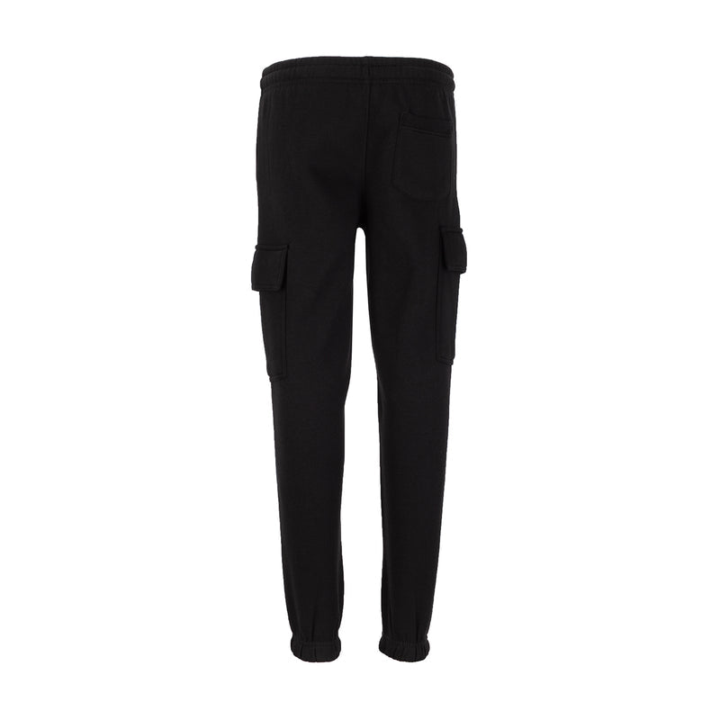 Youth black fleece cargo pants with back cargo pockets and tapered legs