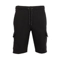Men's black fleece cargo shorts with drawstring waist and side cargo pockets