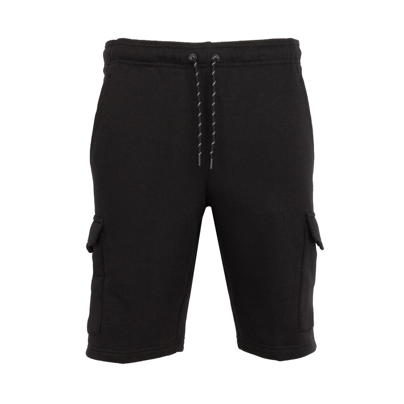 Men's black fleece cargo shorts with drawstring waist and side cargo pockets