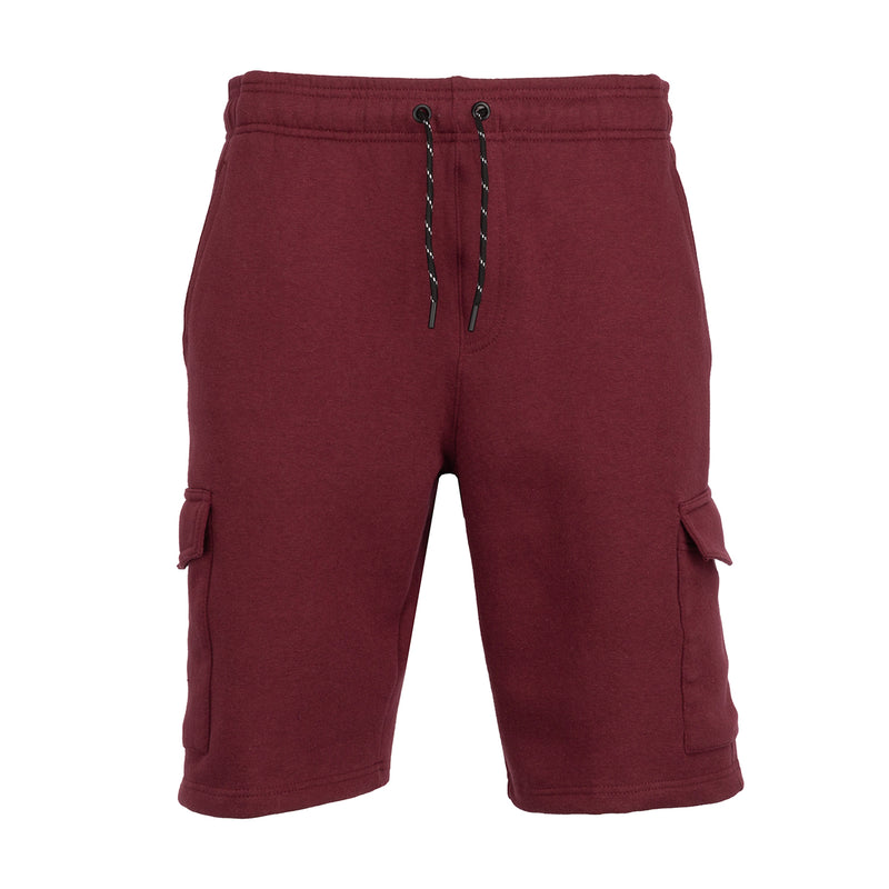 Men's dark cherry fleece cargo shorts with drawstring and two side cargo pockets
