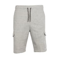 Men's grey fleece cargo shorts with drawstring and side cargo pockets