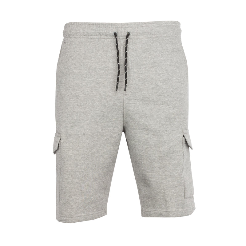 Men's grey fleece cargo shorts with drawstring and side cargo pockets