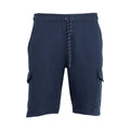Men's dark navy fleece cargo shorts with drawstring and flap side pockets