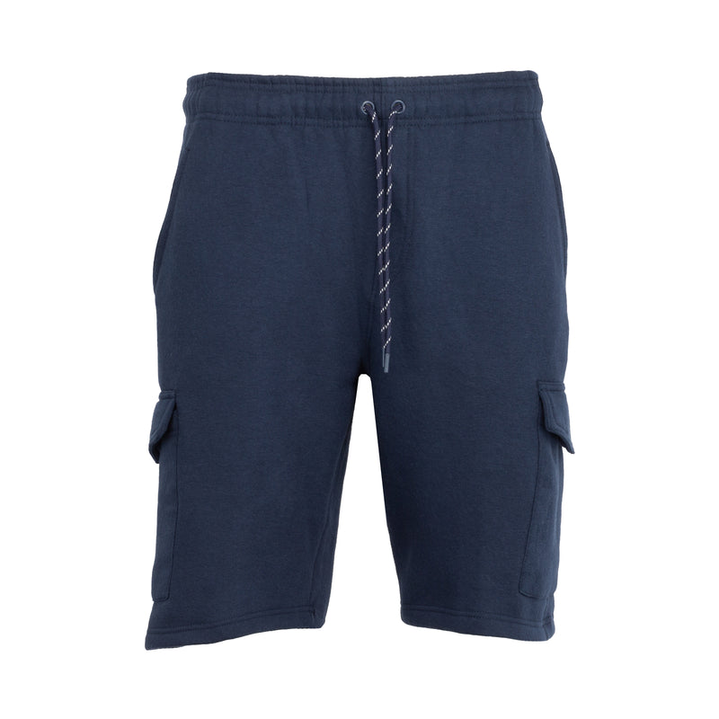 Men's dark navy fleece cargo shorts with drawstring and flap side pockets