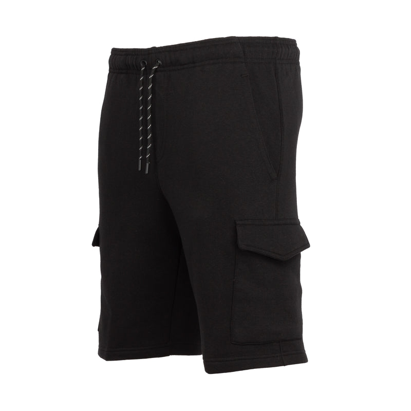 Men's black fleece cargo shorts, side view with drawstring and cargo pocket