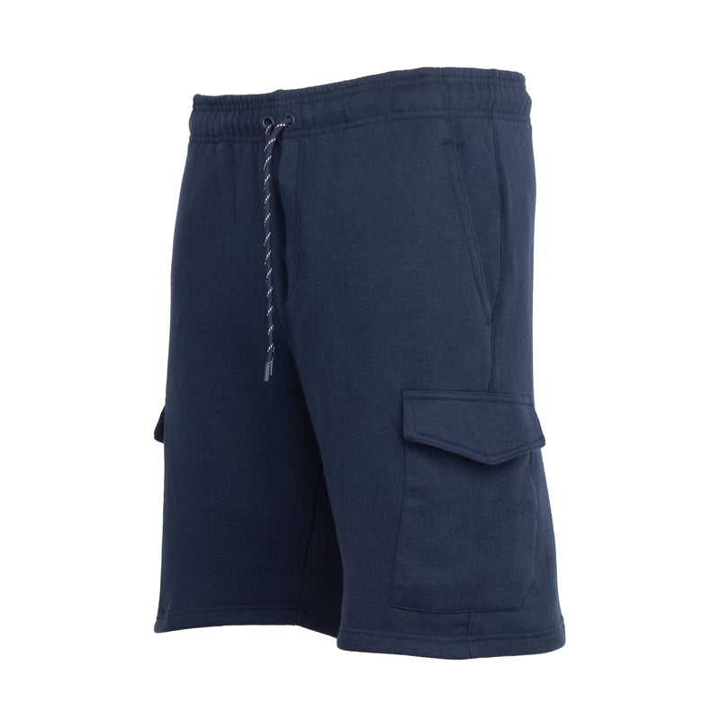 Men's dark navy fleece cargo shorts with drawstring and side cargo pocket