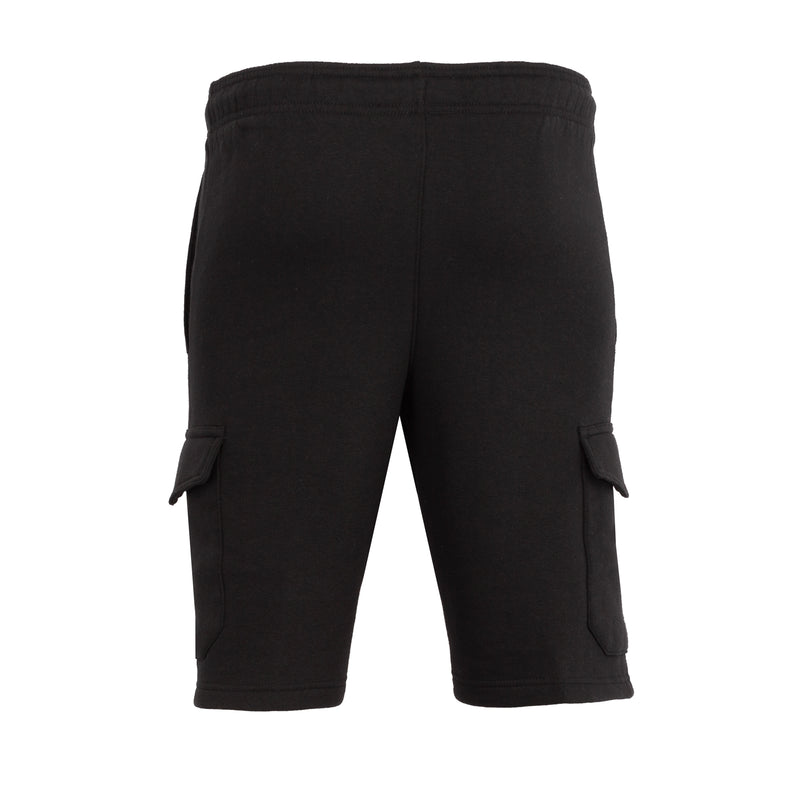 Men's black fleece cargo shorts, back view with drawstring and side cargo tabs