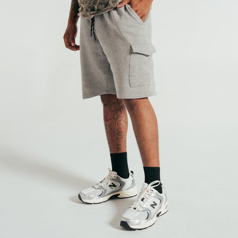 Men's grey fleece cargo shorts with side pocket and drawstring hem