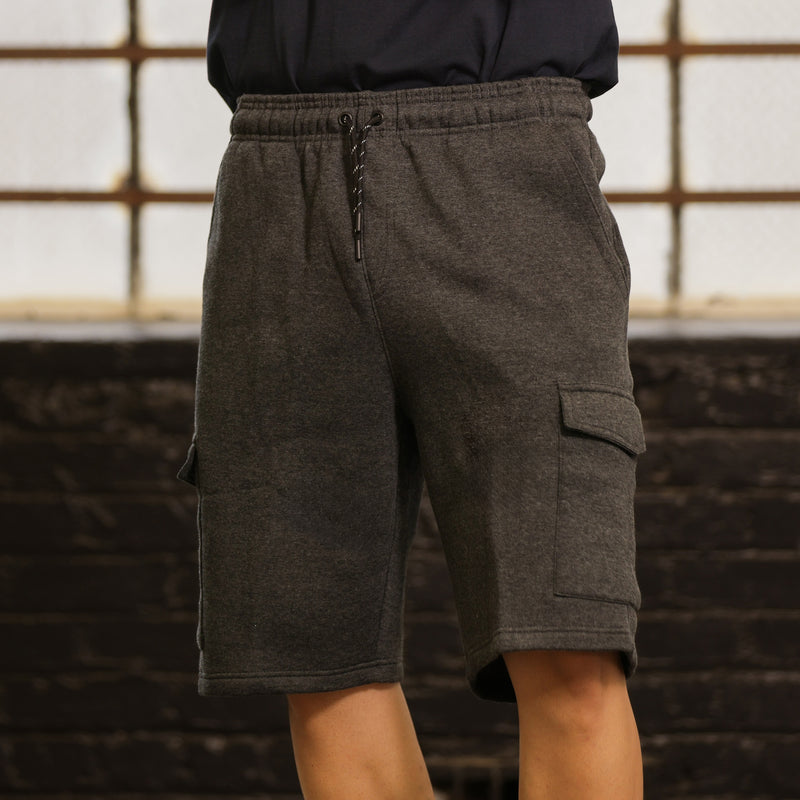 Men's charcoal heather fleece cargo shorts with zip drawstring and cargo pocket