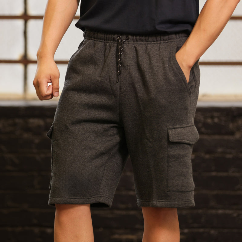 Men's charcoal heather fleece cargo shorts with drawstring and cargo pockets