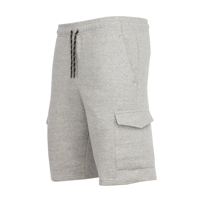 Men's grey fleece cargo shorts, cargo pocket and drawstring detail