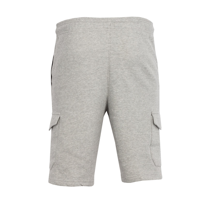 Men's grey fleece cargo shorts with two side cargo pockets, back view