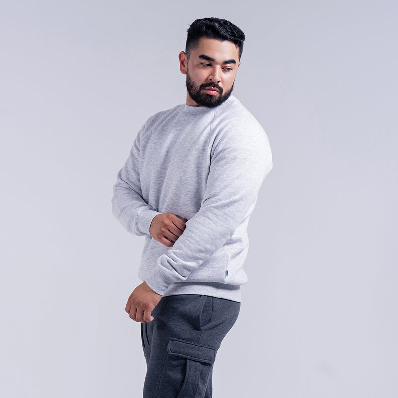 Men's heather grey fleece crewneck sweatshirt, front view, ribbed cuffs and hem