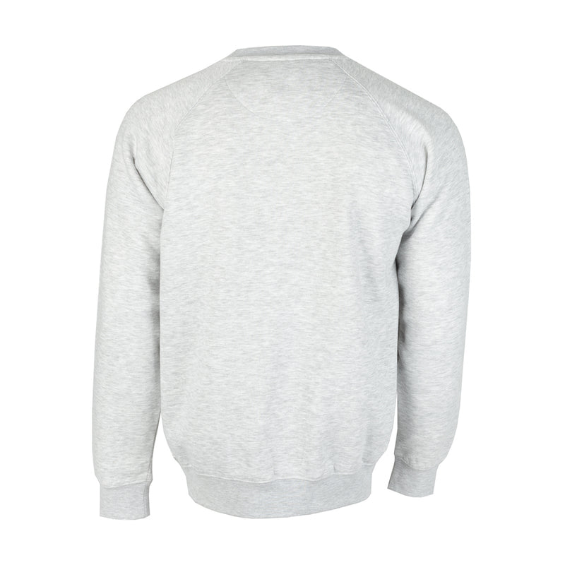 Men's heather grey fleece crewneck sweatshirt, back view, long sleeves