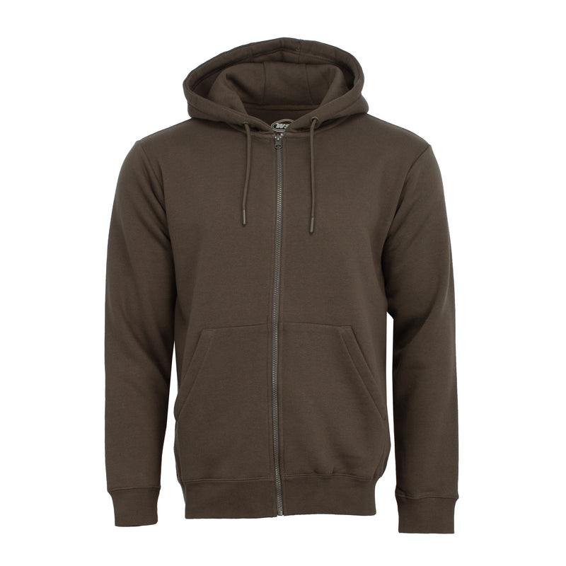 Men's olive fleece zip-front hoody with drawstring hood and kangaroo pocket