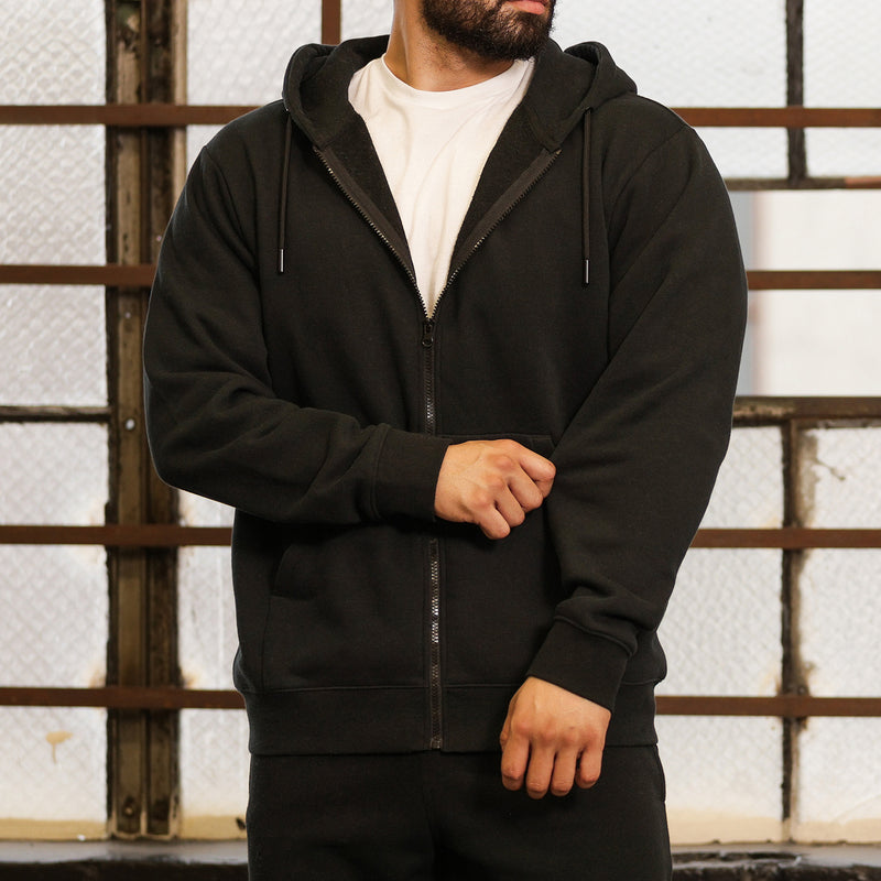 Black zip-up fleece hoodie with hood drawstrings and kangaroo pocket; long sleeves