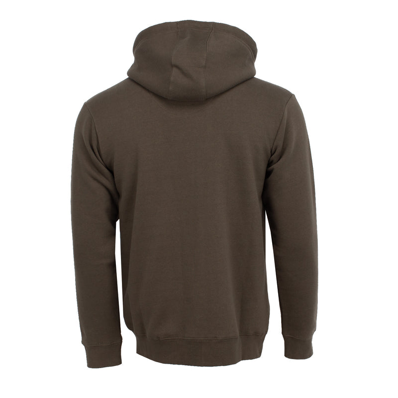 Men's olive fleece zip-front hoody, back view with hood and full-length zip