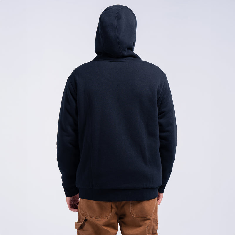 Black zip-up fleece hoodie, back view with hood and ribbed hem
