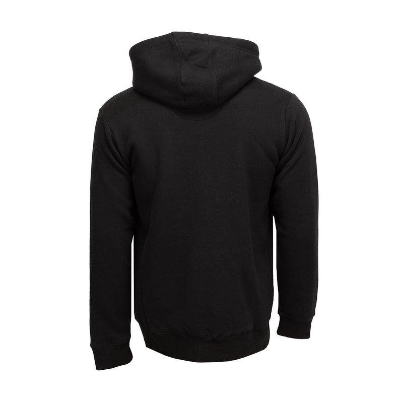 Black zip-up fleece hoodie, back view with hood and ribbed cuffs
