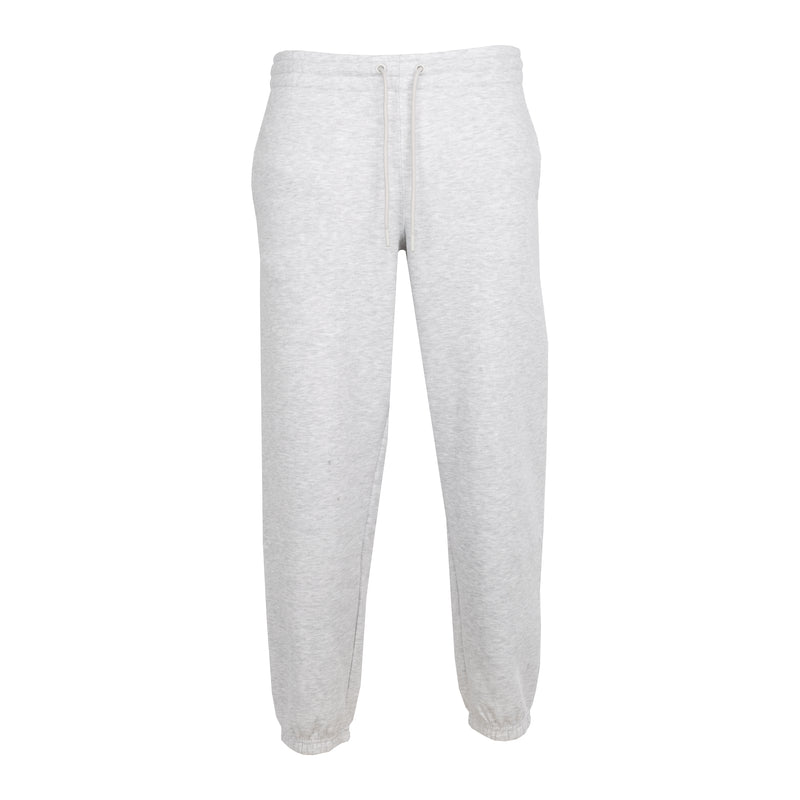 Heather grey fleece sweatpants with drawstring waist and tapered cuffs