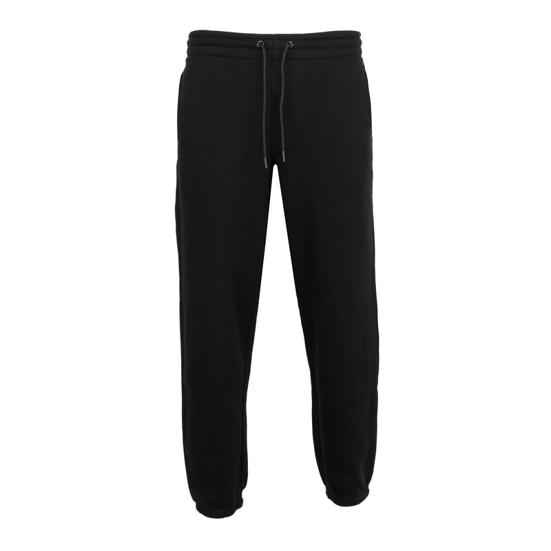 Black men’s fleece sweatpants with elastic waistband and drawstring, tapered legs