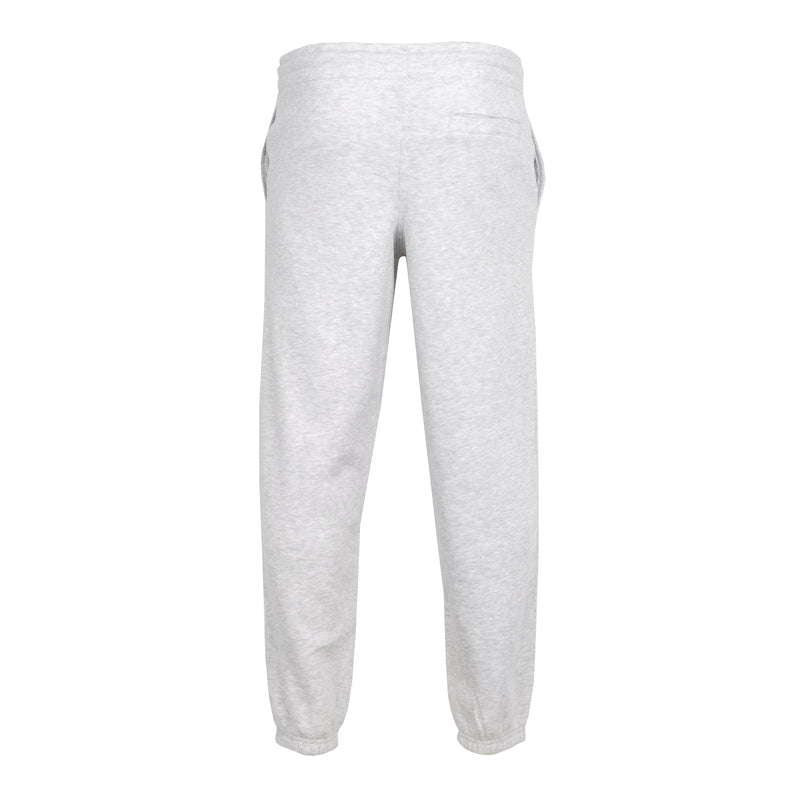 Heather grey fleece sweatpants with elastic waistband and tapered cuffs