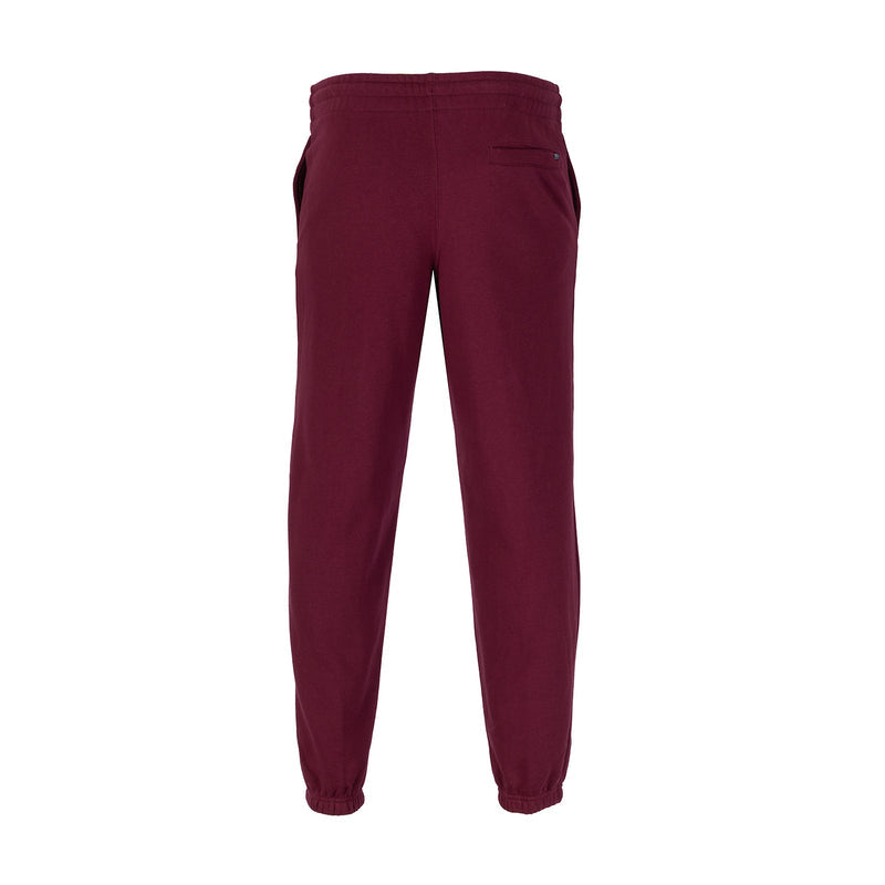 Men's fleece sweatpants in dark cherry, back view, elastic waist, tapered legs, cuffed hem