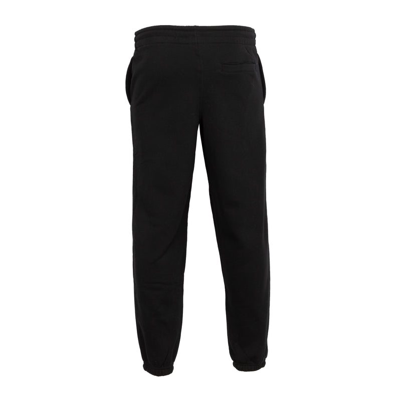 Black men’s fleece sweatpants, elastic waistband with drawstring and cuffed hems